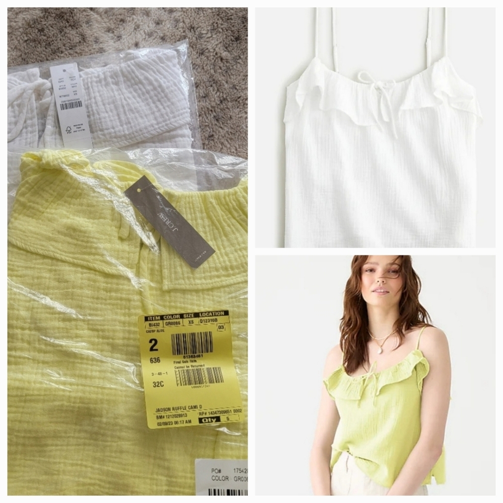 2 items NWT J. Crew rufflle cami top, XS, white & aloe